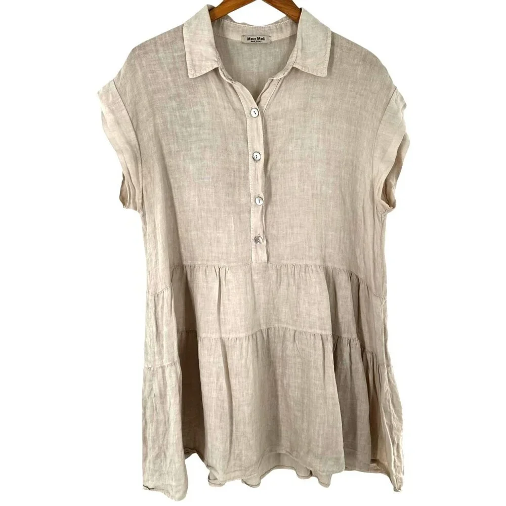 Meo Meli Italy Oatmeal 100% Linen Tiered Shirt Dress OS One Size - Picture 6 of 6
